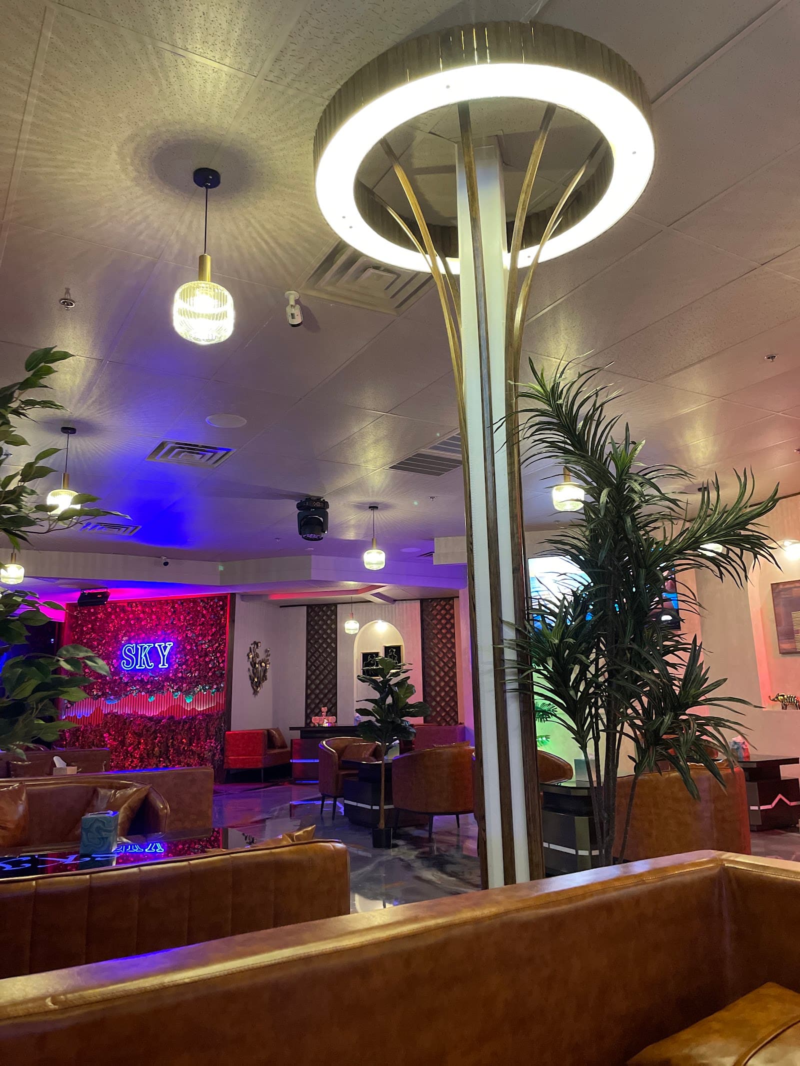 Brass ring-light palm column with pendant lights