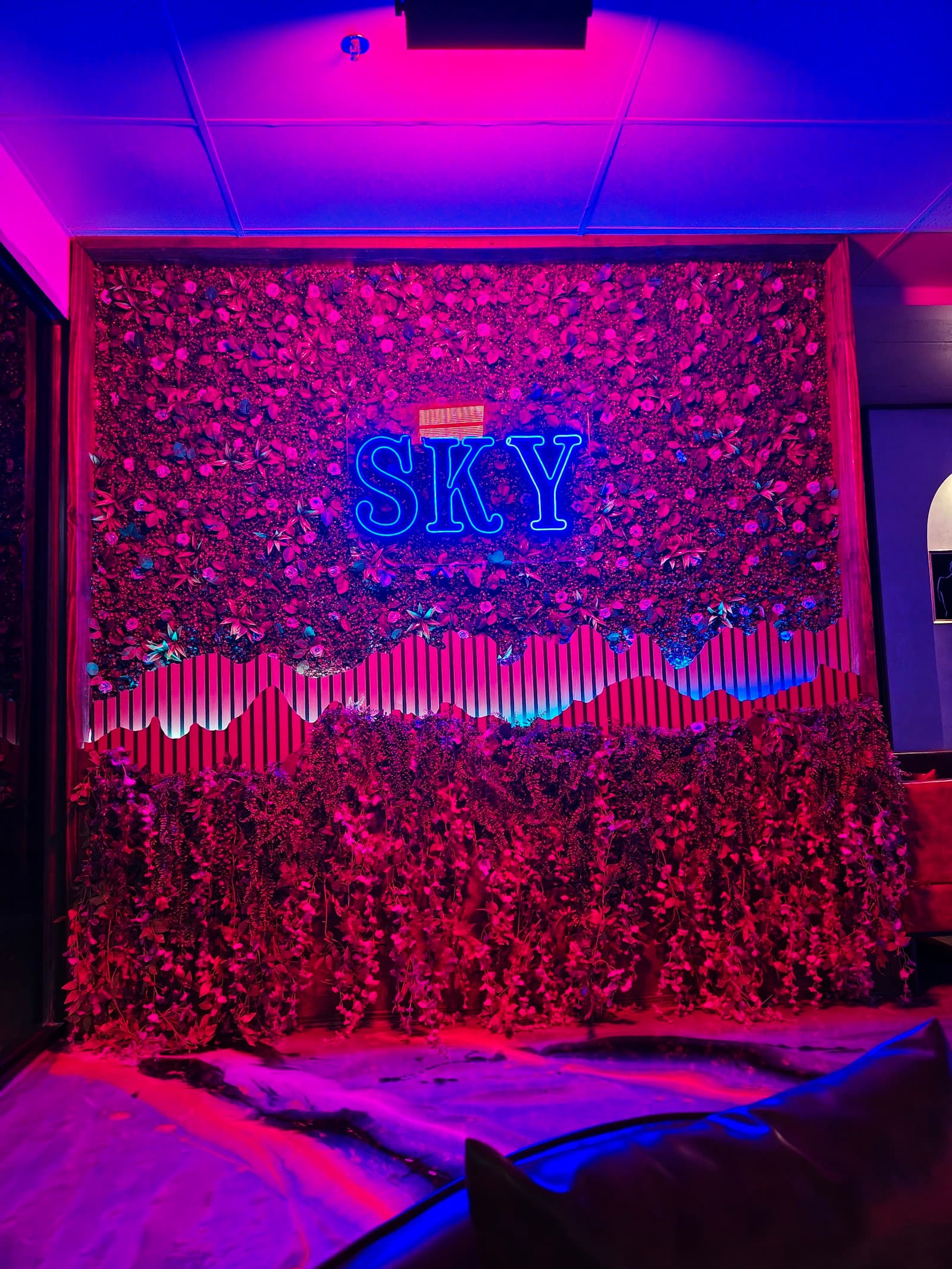 SKY neon sign on the red rose flower wall